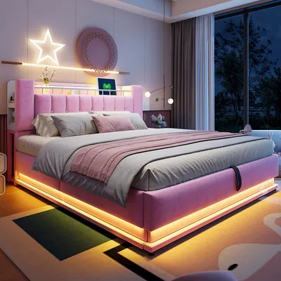 Image de okwish Lit rembourré 180x200 pour jeunesse, lit coffre double avec mécanisme de levage, éclairage LED + USB, rose (sans matelas)