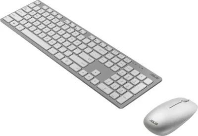 A wireless keyboard and mouse set on a white background.