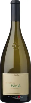 A bottle of white wine against a white background.