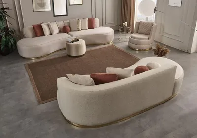 Immagine prodotto di Casa Padrino set da salotto crema/oro - 2 divani & 1 poltrona girevole & 1 sgabello - Mobili da salotto - Mobili - Arredamento - Arredamento da salotto