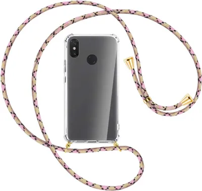Produktbild von Handykette Backcover-Schutzhülle mit Band (Metall goldfarben) für Xiaomi Mi Max 3 - rosa Karo