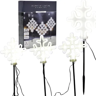 Produktbild von LED-Gartenstecker Schneeflocken, 3er-Set, 58 cm, weißes Neonlicht, IP44, Weihnachtsdeko für außen