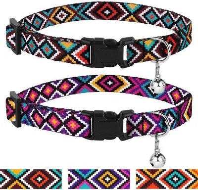 Image de Ensemble Ibenzoa® : 2 colliers ajustables pour chats, motifs tribaux aztèques, nylon, longueur 18–28 cm, boucle amovible et clochette en métal