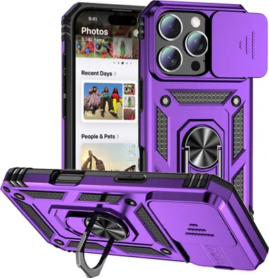 Obrázek produktu pro Pouzdro pro iPhone 16 Pro Max dvouvrstvé pouzdro s posuvným krytem kamery a prstencovým stojánkem Fialová