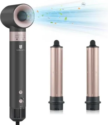 A hair dryer with interchangeable attachments is displayed against a white background, with air and leaves depicted flowing from the dryer.