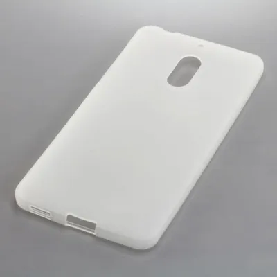 A white, translucent phone case is shown on a plain gray background.