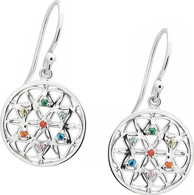 Produktbild von Paar 16mm Chakra Lebensblüme Ohrhänger 925 Silber Ohrringe mit 7 Zirkonia Steine