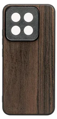 The back of a smartphone case with a wood grain texture and a camera module.