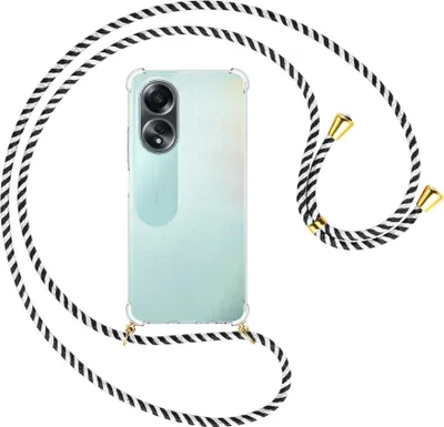 Produktbild von Handykette Backcover-Schutzhülle mit Band (Metall goldfarben) für Oppo A58 4G (CPH2577) - schwarz/weiß gestreift