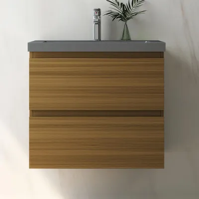 Produktbild von Waschtisch mit Unterschrank 60cm Alast Badmöbel Set Walnussbraun Waschbecken Dunklegrau mit Unterschrank Softclose