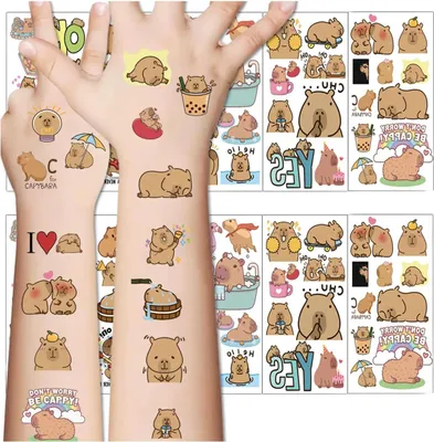 Produktbild von Bunte Capybara-Tattoos zum Aufkleben für Kinder, Set mit 20 Bögen