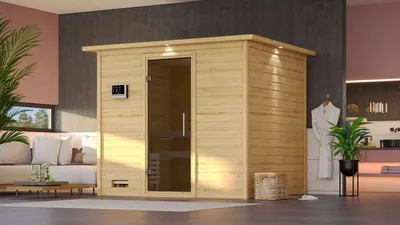 Produktbild von Karibu Sauna Innensauna Sonara Fronteinstieg ohne Zubehör 259x210x206 cm mit Dachkranz  mit Graphittür