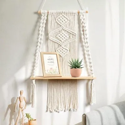 Produktbild von Famanu Wandregal Holz Macrame - Pflanzenhänger - Schwimmendes Regal für Badezimmer - Wohnzimmer - Balkon