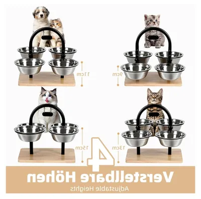 Produktbild von Erhöhter Katzennapf mit 4 Edelstahlnäpfen, höhenverstellbar, Futterstation für Katzen und kleine Hunde