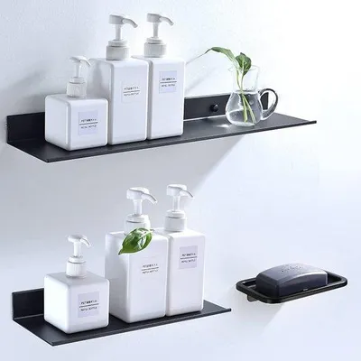 Image de Tomivo® – Étagère de douche sans perçage – Lot de 2 en aluminium spatial (résistant à la corrosion), adhésive, avec porte-savon, noire, 30/40 x 11 x 5 cm