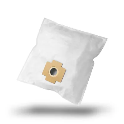 A white vacuum cleaner bag is shown floating against a white background with a shadow underneath.