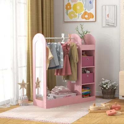 Image de Porte-vêtements pour enfants - Organisateur de placard - Avec étagères - Boîtes de rangement - Miroir en bois - Structure en plastique - Rose