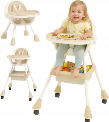A collage of images showing a baby high chair, with one image featuring a baby sitting in the high chair and eating.