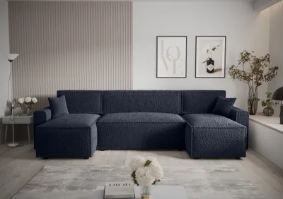Produktbild von Ecksofa Alvito U BIS, Farbe: Dunkelblau. Material: Bouclé. A: B: 330 cm,H: 85 cm,Otomana Länge: 140 cm, Eckcouch, Schlafcouch, Sofa bed, Schlafsofa