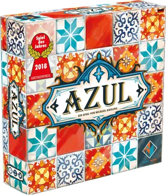 The image shows the front and side panels of the board game "Azul" packaging.