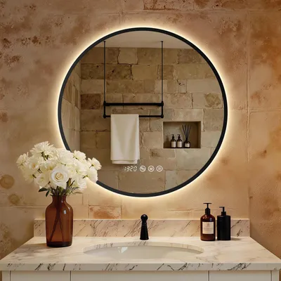 Image de S'AFIELINA Miroir Salle de Bain LED Rond 70 cm, Interrupteur tactile, Anti-Buée, Horloge & Température, Cadre Noir