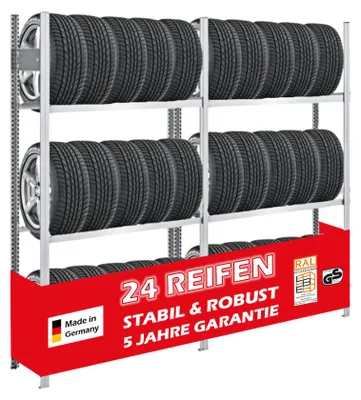 Produktbild von Reifenregal TIRE PRO Germany | Komplettregal | HxBxT 200x200x43cm | 150kg Fachlast | bis zu 24 Reifen auf 3 Ebenen | Verzinkt