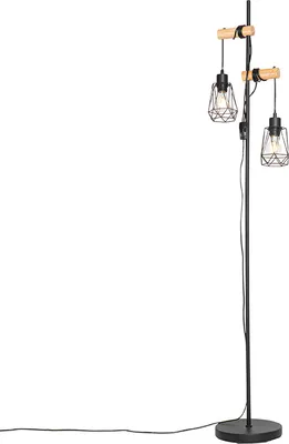 Produktbild von Land Stehlampe Schwarz mit Holz 2 Lichter mit Schatten Dami Frame