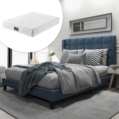 Produktbild von Merax Polsterbetten 140x200cm Doppelbett Stoffbett aus Leinen mit Federkernmatratze, Bett Bettgestell mit Lattenrost und gepolsterten Kopfteil, Blau