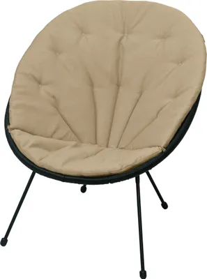 A beige cushion on a black chair with black legs, isolated on a white background.