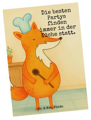 Produktbild von Mr. & Mrs. Panda Postkarte Fuchs Koch Design - Weiß - Geschenk, Fotokarte, Hungrig, Chefkoch, Ansichtskarte, Grußkarte, Geburtstag, einzelkarte, Postkarten, Bäcker