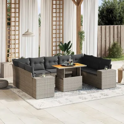 Produktbild von Design 10-tlg. Garten-Sofagarnitur mit Kissen Grau Poly Rattan, Gartenmöbel-Sets 2024 Neu