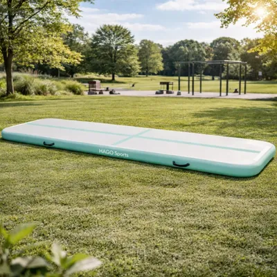 Produktbild von HAGO24 AirTrack Turnmatte 5m Mint Gymnastikmatte Tumblingmatte aufblasbar elektrische Pumpe Dropstitch 500x100x10cm Yoga Tasche Indoor Outdoor Pilates