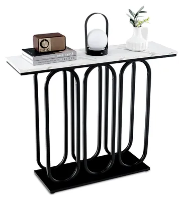 Produktbild von Konsolentisch mit Marmoroptik, schmaler Eingangstisch mit Metallgestell, Beistelltisch für Wohnzimmer, Flur, Schlafzimmer, 100 x 30 x 80 cm, Weiß und Schwarz