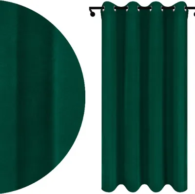 A close-up of a dark green curtain fabric and a full curtain hanging on a rod.