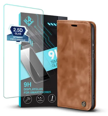 Produktbild von Handy Hülle für Huawei P20 mit 9H Displayglas Klapphülle Bookcase Flip Cover Handy Tasche Etui Farbe: Hellbraun