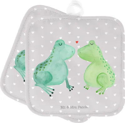 Produktbild von Mr. & Mrs. Panda 2er Set Topflappen Frosch Liebe - Grau Pastell - Geschenk, Pärchen, Schöne Topflappen, Fröschchen, Topfhandschuh, Frösche, Heiratsantrag, Hochzeitstag