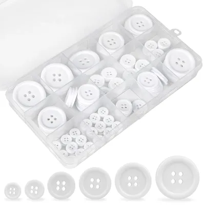 120 weiße Knöpfe, 6 Größen, 4 Löcher, Harz, rund