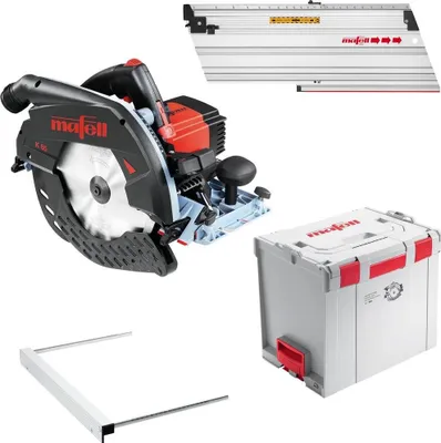 A collection of Mafell K 85 Ec circular saw components and accessories are displayed against a white background.