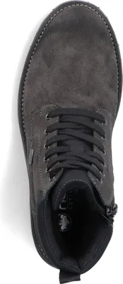 A top-down view of a single dark gray boot.