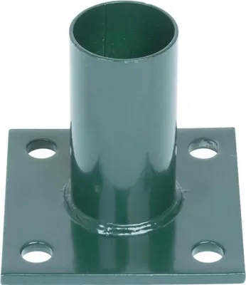 A green metal post base with four screw holes.