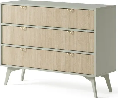A three-drawer dresser with a light wood grain front and a light gray frame, shown against a white background.