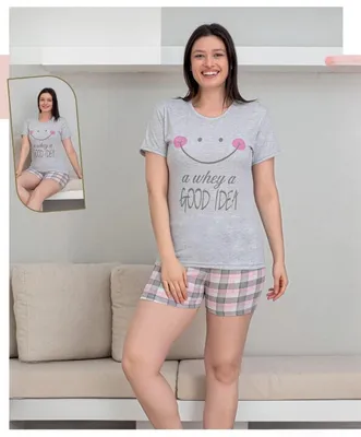 Produktbild von Damen Pyjama Schlafanzug Shorty Kurz Hellgrau M 2-Teiler Set L-47