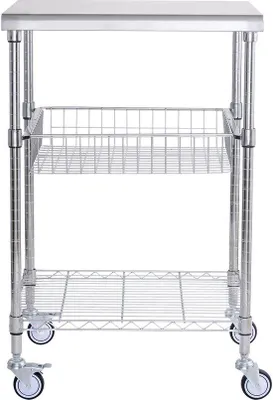 Productafbeelding van Keukenwagen, 3 niveaus, draadwagen met een draagvermogen van 204 kg, stalen serveerwagen met wielen, metalen transportwagen met een as van 76 mm, gebogen handgreep