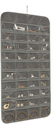 Immagine prodotto di Organizer per gioielli grigio con scomparti e ganci, da appendere all'armadio o alla toletta