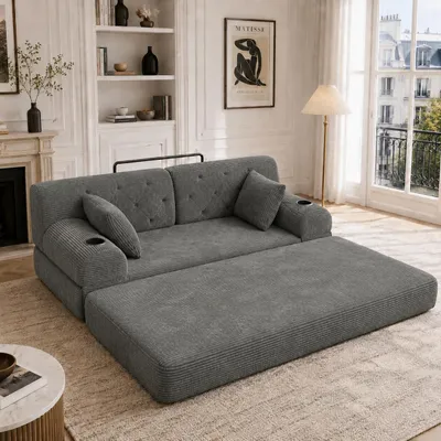 Produktbild von MODFU Multifunktionales Sofa,2-Sitzer Ecksofa Cord mit hoher Rückenlehne,Relaxsofa mit 4 Seitentaschen und 2 Getränkehalter,Kompaktes Schlafsofa und Chaiselongue,Dunkelgrau