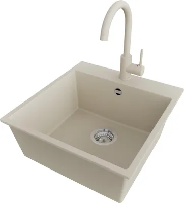 Produktbild von PRIMAGRAN Granitspüle Beige 48x50cm, Spülbecken 1 Becken + Küchenarmatur 32x20cm + Ablauf-Set, Küchenspüle ab 50er Unterschrank - Riga