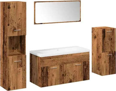 Image de ensemble de meubles de salle de bains 5 pièces imitation vieux bois matériau dérivé du bois