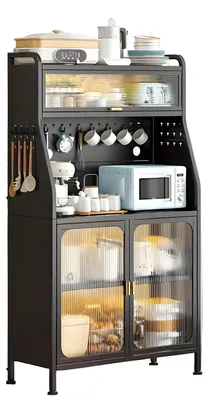 Image de Armoire de cuisine - Armoire haute - Armoire de rangement - Armoire à micro-ondes - Buffet - Étagères réglables - Montée sur roulettes