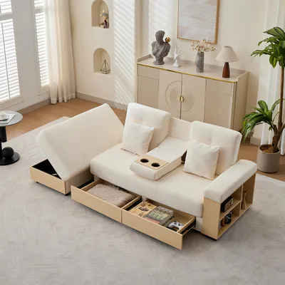 Produktbild von Merax Wohnlandschaft Sofa mit Schubladen und Stauraum, Schlafsofa mit 3-fach verstellbare Rückenlehne, Chenille, Getränkehalter, Stauraumhocker, Beige