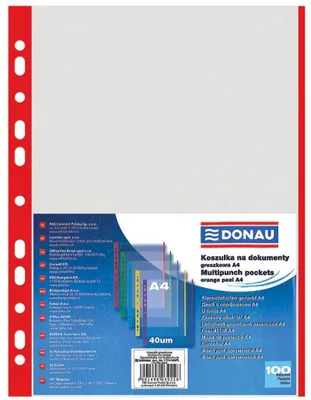 Obrázok produktu pre Kryštálové polypropylénové obaly formátu A4, hrúbka 40 mikrónov, červený okraj, Donau